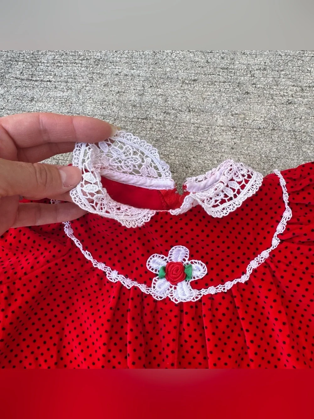 Vintage 80s Red W/ Black Polka Dot White Lace Bubble Baby Girl Romper 6-9 Months